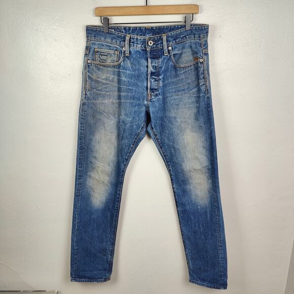 G-Star‎ Raw Stean Tapered Jeans Mens 33x32 Medium Wash Stash Pocket Biker FLAW - Picture 1 of 14